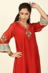 Tashee_Red Chanderi Placement Embroidery Floral V Neck Flower Yoke Kurta With Pant _at_Aza_Fashions