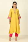 Buy_Tashee_Yellow Chanderi Placement Embroidery Floral V Flower Vine Yoke Kurta With Pant _Online_at_Aza_Fashions