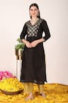 Buy_Tashee_Black Chanderi Embroidery Zari Blossom V Neck Yoke Kurta Pant Set _Online_at_Aza_Fashions