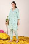 Shop_Tashee_Blue Chanderi Embroidery Zari Fleur V Neck Weaved Kurta Pant Set _Online_at_Aza_Fashions