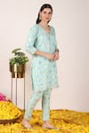 Buy_Tashee_Blue Chanderi Embroidery Zari Fleur V Neck Weaved Kurta Pant Set 