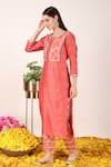 Buy_Tashee_Orange Chanderi Embroidery Zari Bloom Jaal Applique Notched Round Yoke Kurta Set _Online_at_Aza_Fashions