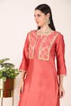 Shop_Tashee_Orange Chanderi Embroidery Zari Bloom Jaal Applique Notched Round Yoke Kurta Set _Online_at_Aza_Fashions