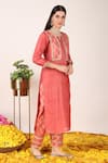 Tashee_Orange Chanderi Embroidery Zari Bloom Jaal Applique Notched Round Yoke Kurta Set _at_Aza_Fashions