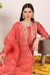 Buy_Tashee_Orange Chanderi Embroidery Zari Bloom Jaal Applique Notched Round Yoke Kurta Set 