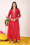 Buy_Tashee_Red Chanderi Embroidery Zari Bloom Weaved Florin Neckline Anarkali With Pant _at_Aza_Fashions