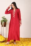 Buy_Tashee_Red Chanderi Embroidery Zari Bloom Weaved Florin Neckline Anarkali With Pant _Online_at_Aza_Fashions