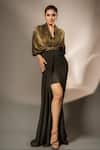 Buy_S&N by Shantnu Nikhil_Black Sandwash Foil V Neck Pleated Cape Style Draped Gown _at_Aza_Fashions