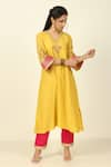 Buy_Tashee_Yellow Chanderi Placement Embroidery Floral V Flower Vine Yoke Kurta With Pant _at_Aza_Fashions