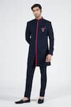 S&N By Shantnu Nikhil_Blue Lycra, Viscose, Polyester Metallic Thread Embroidered Nehru Collar Sherwani _at_Aza_Fashions