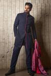 Buy_S&N By Shantnu Nikhil_Blue Lycra, Viscose, Polyester Metallic Thread Embroidered Nehru Collar Sherwani _at_Aza_Fashions