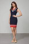 Buy_S&N By Shantnu Nikhil_Blue Viscose, Nylon V-neck Knitted Striped Dress_at_Aza_Fashions