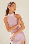 Shop_Sameer Madan_Purple Croc Leather Textured High Neck Natalie Bodycon Dress  _Online_at_Aza_Fashions