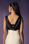 Shop_Sameer Madan_Black Satin, Jersey, Leather Pearls Cowl Neck Embroidered Bodysuit _at_Aza_Fashions