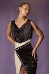 Sameer Madan_Black Satin, Jersey, Leather Pearls Cowl Neck Embroidered Bodysuit _Online_at_Aza_Fashions