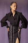 Buy_Sameer Madan_Black Banana Crepe Embellished Micro Pearls Ingrid Bishop Sleeve Dress  _at_Aza_Fashions