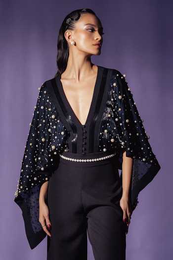 Buy_Sameer Madan_Black Lana Pearl Embellished Bodysuit _at_Aza_Fashions