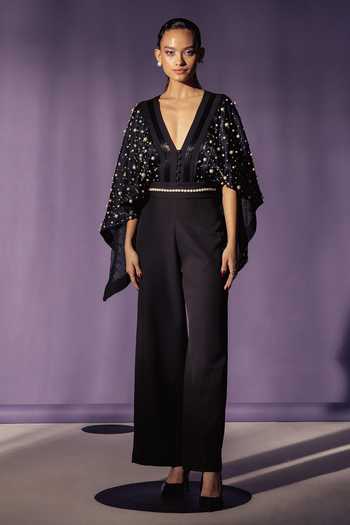Sameer Madan_Black Lana Pearl Embellished Bodysuit _Online_at_Aza_Fashions