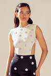 Buy Sameer Madan White Jersey, Leather Embroidery Round Neck Polka Applique Bodysuit at Aza Fashions Buy_Sameer Madan_White Jersey, Leather Embroidery Round Neck Polka Applique Bodysuit _at_Aza_Fashions