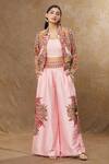 Buy Shraddha Rambhia Pink Slub Silk Embroidered Floral Blouse Scoop Flower Jacket Pant Set at Aza Fashions Buy_Shraddha Rambhia_Pink Slub Silk Embroidered Floral Blouse Scoop Flower Jacket Pant Set_at_Aza_Fashions