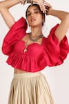 Buy_House of Three_Pink Poplin Plain Sweetheart Neck Ceres Ruffled Crop Top  _Online_at_Aza_Fashions