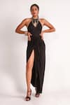 Buy_House of Three_Black Jersey Plain Halter Neck Nurit High Slit Draped Dress  _at_Aza_Fashions