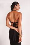 Shop_House of Three_Black Jersey Plain Halter Neck Nurit High Slit Draped Dress  _at_Aza_Fashions