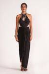 Buy_House of Three_Black Jersey Plain Halter Neck Nurit High Slit Draped Dress  _Online_at_Aza_Fashions