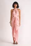 Buy_House of Three_Pink Viscose Plain Halter Neck Nurit High Slit Pleated Draped Dress  _at_Aza_Fashions