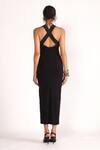 Shop_House of Three_Black Jersey Plain Crew Neck Maya High Slit Gathered Dress  _at_Aza_Fashions