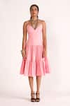 Buy_House of Three_Pink Poplin Plain V Neck Dune Tiered Flared Dress _Online_at_Aza_Fashions