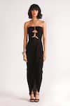 Buy_House of Three_Black Jersey Solid Straight Titania Halter Chain Neck Draped Dress  _at_Aza_Fashions