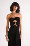 House of Three_Black Jersey Solid Straight Titania Halter Chain Neck Draped Dress  _Online_at_Aza_Fashions