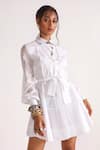 Buy_House of Three_White Poplin Embroidered Thread Work Collar Ivy Yoke Shirt Dress _Online_at_Aza_Fashions