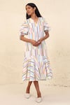 Buy_Kanelle_Multi Color Cotton Poplin Printed Stripe V Neck Eliana A-line Dress _at_Aza_Fashions