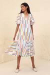 Buy_Kanelle_Multi Color Cotton Poplin Printed Stripe V Neck Eliana A-line Dress _Online_at_Aza_Fashions