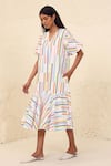 Shop_Kanelle_Multi Color Cotton Poplin Printed Stripe V Neck Eliana A-line Dress _Online_at_Aza_Fashions