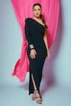 Buy_Ahi Clothing_Black Imported Ribbed Fabric Plain One Shoulder Neck High Slit Dress _at_Aza_Fashions