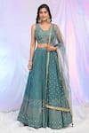 Buy_Alaya Advani_Blue Blouse Silk Hand Embroidered Sequins Blunt V Neck Work Pleated Lehenga Set _at_Aza_Fashions