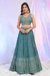 Buy_Alaya Advani_Blue Blouse Silk Hand Embroidered Sequins Blunt V Neck Work Pleated Lehenga Set _Online_at_Aza_Fashions