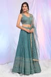 Aariyana Couture_Blue Blouse Silk Hand Embroidered Sequins Blunt V Neck Work Pleated Lehenga Set _at_Aza_Fashions