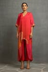 Buy_Kahani Lush_Red Cotton, Silk Collared Printed High Low Tunic And Pant Set _at_Aza_Fashions