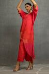 Buy_Kahani Lush_Red Cotton, Silk Collared Printed High Low Tunic And Pant Set _Online_at_Aza_Fashions