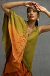 Kahani Lush_Green Cotton, Silk Beads, Embroidery V-neck Floral Asymmetric Top And Pant Set _at_Aza_Fashions