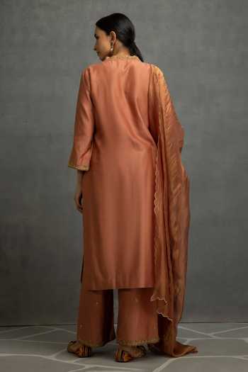 Shop_Kahani Lush_Brown Chanderi Silk Sequins, Embroidery V-neck Kurta Pant Set _at_Aza_Fashions