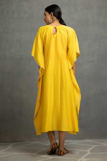 Shop_Kahani Lush_Yellow Chanderi Applique V-neck Placement Work Kaftan _at_Aza_Fashions