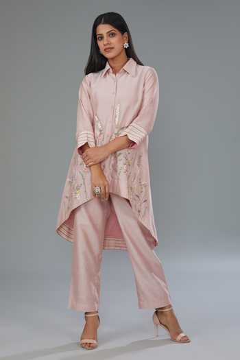 Buy_Kahani Lush_Pink Chanderi Silk Embroidery Collared Floral Kurta Set _at_Aza_Fashions