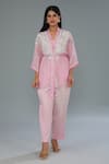 Buy_Kahani Lush_Pink Organza Pearls, Sequins, Beads Shawl Neck Work Shirt And Pant Set _at_Aza_Fashions