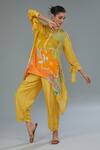 Kahani Lush_Yellow Cotton, Silk Mandarin Collar Stripe Floral Print Shirt Kurta And Pant Set _Online_at_Aza_Fashions
