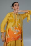 Buy_Kahani Lush_Yellow Cotton, Silk Mandarin Collar Stripe Floral Print Shirt Kurta And Pant Set _Online_at_Aza_Fashions
